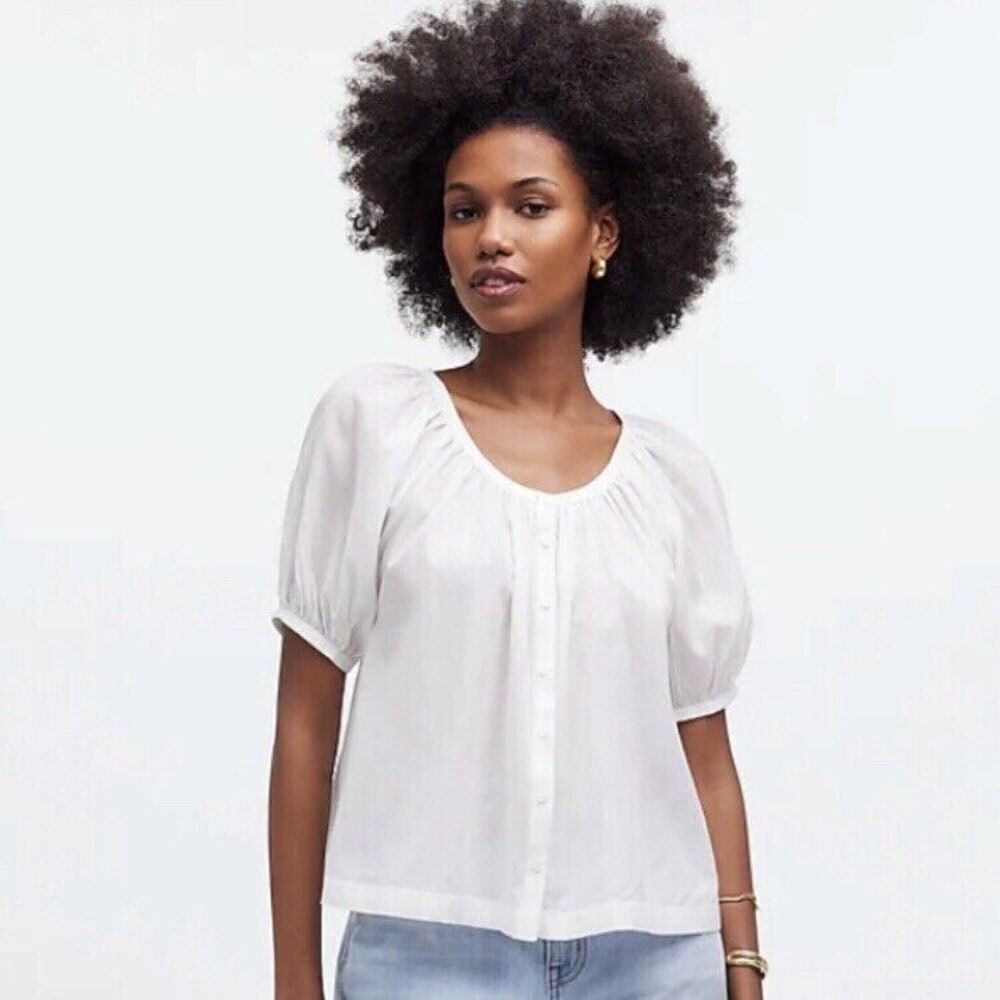 Madewell Top Size Small White Puff-Sleeve A-Line Button Front Cotton Blend NWT